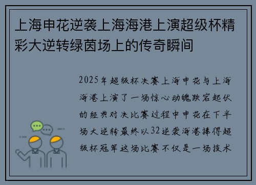 上海申花逆袭上海海港上演超级杯精彩大逆转绿茵场上的传奇瞬间